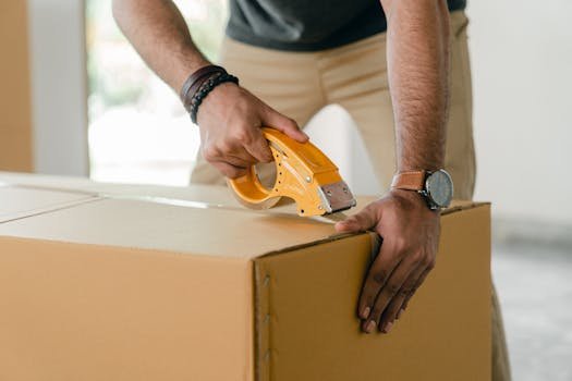 pexels-photo-4246120-4246120 Crop faceless young male with wristwatch using adhesive tape while preparing cardboard box for transportation